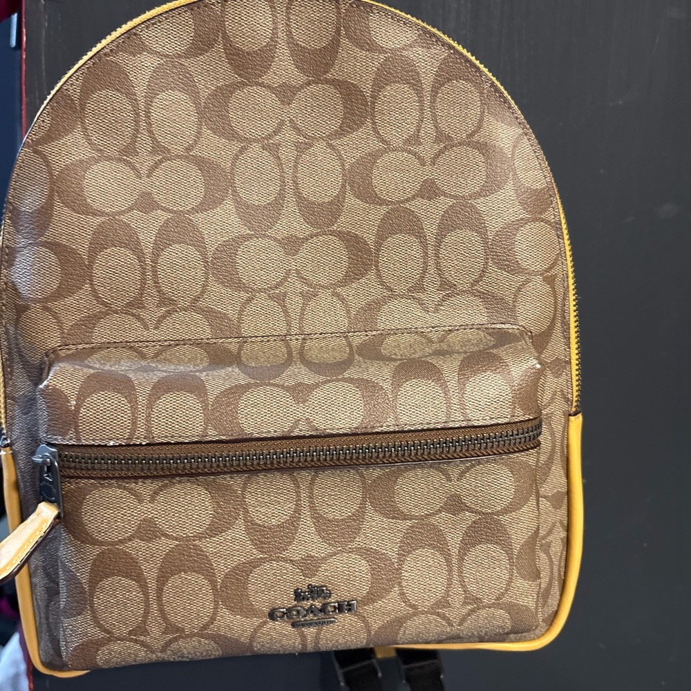 Coach Signature Brown Mini Backpack with Yellow Trim